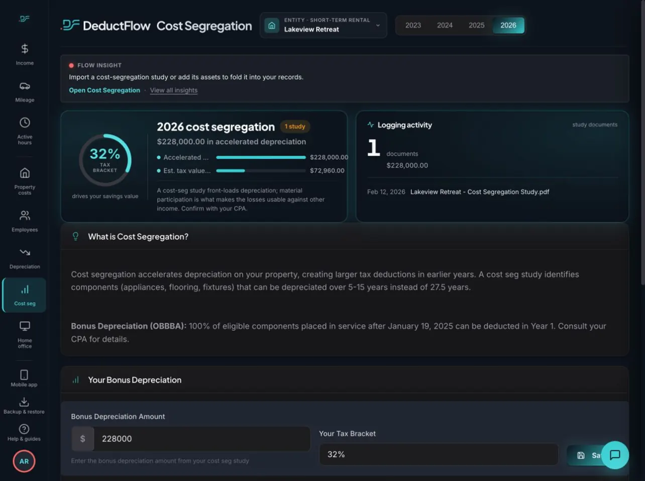 Actual DeductFlow demo Cost Segregation page with study documents and illustrative estimates