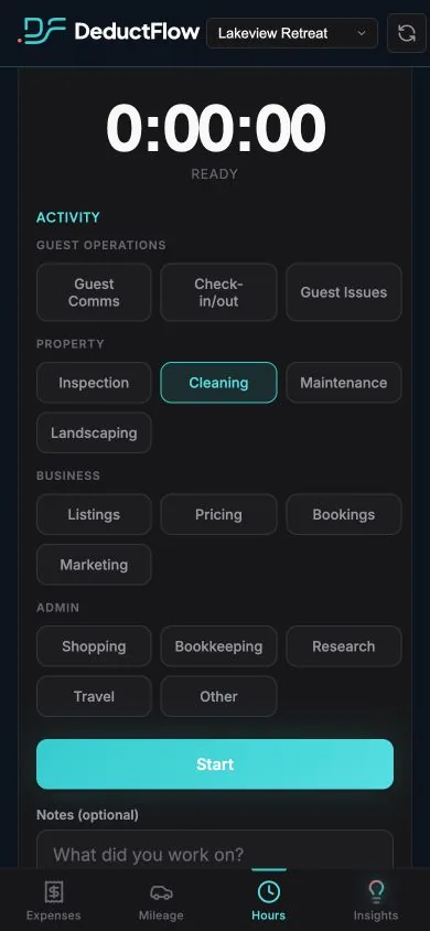 DeductFlow Mobile Companion hours screen with a running timer and fictional records