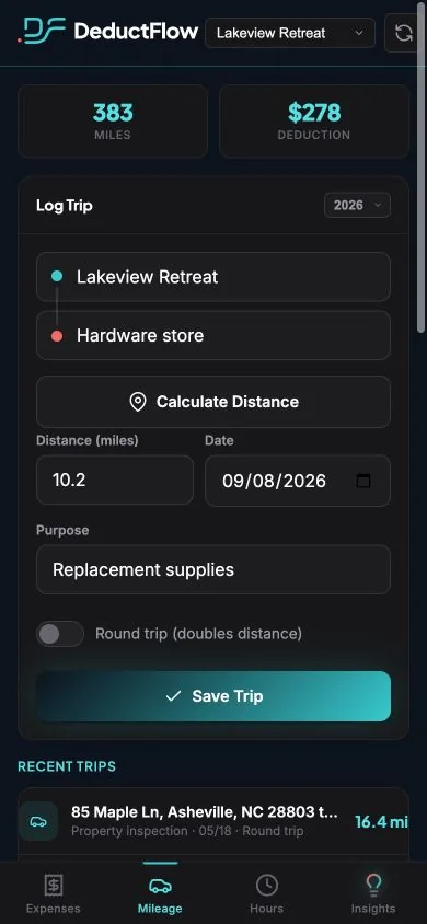 DeductFlow Mobile Companion mileage screen with fictional records
